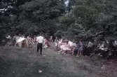 Samling i skogsbrynet vid scoutläger i Ånnaboda, 1960-tal