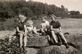 Eva Pettersson (född 1944, gift Kempe) sitter på en sten tillsammans med tre äldre pojkar (lekkamrater) vid Stenbryggan, Stretereds badplats, Tulebosjön år 1946.