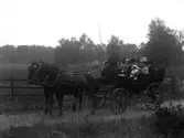 Häst och vagn, tvåspann, på grusväg i lummigt odlingslandskap, okänt var. I vagnen sitter fotografen själv med makan Elin, hans mor Augusta Warenberg, storebrodern Alarik med frun Agnes samt Augustas äldsta barnbarn Gustav och ett barn till. Möjligen är det tredje paret Gustafs andre bror August Ludvig och hans gemål.