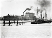 Vy över Tullhamnen med Tullhuset och Ångkvarnen vintern 1900. I förgrunden fyra 