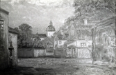 Målning i Strümpelska huset från slutet av 1800-talet. I bakgrunden syns Kalmar slott.