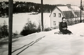 Eva Pettersson (född 1944, gift Kempe) sitter på en kälke framför bostaden på Gamlehagsvägen (ej i bild) år 1951. I bakgrunden ses Alvered.