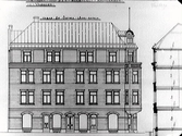 Avfotograferad ritning över Aron Svenssons byggnad vid hörnet Östra Långgatan-Kyrkogatan, kv Apoteket.