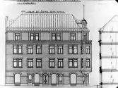 Avfotograferad ritning över Aron Svenssons byggnad vid hörnet Östra Långgatan-Kyrkogatan, kv Apoteket.