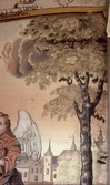 Detaljbild av väggmålning. Stad i bakgrunden. Del av ängel till vänster och ett träd till höger. Del av latinsk text, bland annat 