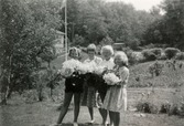 Fyra flickor står uppställda med nyplockade midsommarblommor i famnen, Torrekulla 1957. Från vänster: Monika Axelsson, Eva Pettersson (gift Kempe), Lena Englund och Karin Pettersson (gift Hansson).
