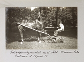 Man kör hästdragen gräsklippningsmaskin med vält i Winona Lake i Indiana, 1913-06-10