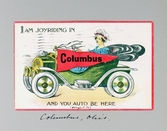 Färgglatt vykort på kvinna som kör bil i Columbus i Ohio, 1913
