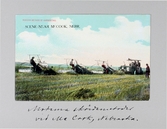 Vykort på ångdriven skördetröska och trampdrivna hövändare i McCook i Nebraska, 1913