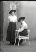 Ateljébild. Två kvinnor i helfigur varav en sitter. Båda bär mörka hattar och långkjolar samt ljusa blusar. Beställare: Fröken Åkerblad (Goos)