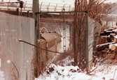 Ett tåg passerar under en bro i Grevedämmet, Mölndal, i januari 1984.