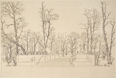 Ritningsförslag för utsmyckning av Stortorget med en damm mellan träd, 1930-tal
