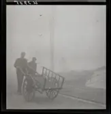 542/B Dimma. Två män kommer körandes en kärra längs kajen.