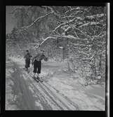 Hellasgården, Ringblom med fru på trappan samt skidåkaren Göte Andersson, 15-12-1944.