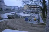 Svartån torrlagd och arbete pågår längs med Storbron, 1990-tal