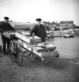Två män med fiskvagn i Varbergs hamn. I bakgrunden ses tullhuset, magasin och båtar uppdragna på stranden.
