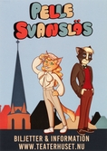Framsidan av ett illustrerat reklamkort i A6-format (10,5 x 14,8 cm) inför sommarspelet 2022. Man ser en kvinnlig och en mannlig katt som står på ett hustak i stadsmiljö. Hustak och ett kyrktorn skymtas i bakgrunden. Längst upp står textat 