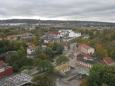 Utsikt över Mölndal från byggnad vid Soabs industrianläggning i Mölndals Kvarnby, år 2007. Närmast ses Gamla torget samt pappersbruket Papyrus. Anläggningen användes vid fototillfället av Hexion Speciality Chemicals Sweden AB.