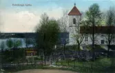 Ett kolorerat vykort med motiv från Hälleberga kyrka.