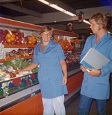 En kvinnlig och en manlig expedit, klädda i blåa rockar, står bredvid en avlång kyldisk som är fylld av frukt och grönt. Mannen håller en pärm under armen, Domus Nya torget före 1976.