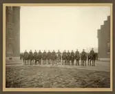 Kronprinsens husarregemente (K 7), Malmö, i början av 1900-talet. 
Några husarer till häst poserar för fotografen vid kasernerna på Regementsgatan. Mannen i mitten kan ev. vara dåv. ryttmästare Bror Cederström (1860-1932).