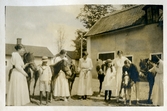 Sällskap med hästar på stallbacken vid Färna herrgård, ca 1920