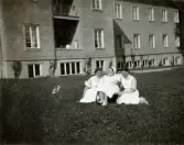 Tre kvinnliga sjukvårdsbiträden har rast och sitter på gräsmattan framför Mölndals sjukhus fasad mot söder, cirka 1940. Något längre till vänster ses en skada på bilden. I bakgrunden ses en manlig patient på en balkong. Bilder från fotoalbum, tagna från södra sidan av Länsmansgatan vid Mölndals lasarett/sjukhus 1939 - 1941 på bland annat givarens mor Ester (född Johansson) tillsammans med kollegan/väninnan Aina Englund. De arbetade på den manliga kirurgavdelningen som vårdbiträden/undersköterskor.
Relaterade motiv: 2024_1542 - 1617.