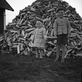 Barn vid vedhög i Karlstorp, 1940-tal