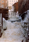 Industribebyggelse vid Mölndalsfallen i Kvarnbyn, Mölndal, i januari 1984.