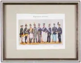 Regementets (Kungl. Kronobergs regemente) uniformer 1765-1888.
Inramat färgtryck.