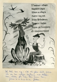 Tecknat kort gällande förbrödring mellan skogis-elev och älg, 1945