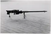 Försvarets dag 1942. Utställning i gymnastiksalen, I11.
En 20 mm pansarvärnskanon M/39, utställd på golvet.
