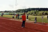 Friidrottsarenan Åby Friidrott i Åby, Mölndal, i juli 1996. En starter är redo att starta loppet.