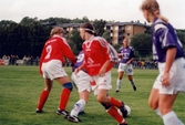 Fotbollslaget Jitex BK spelar match mot Landvetter IF på Kvarnbyvallen i Mölndal, år 1996. Matchen slutade 1-1.