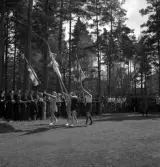Gymnastiken, 18/5 1939. 
Tre ungdomar tågar in på Värendsvallen med fanor.