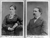 Visitkortsporträtt av Anna Maria Berggren och hennes man snickare Carl Johan Ericsson. Paret bodde under några år på Nolhaga egendom innan de emigrerade till USA. Dottern Anna Axelina gifte sig 1894 med Nils Herman Hjelmqvist som 1886 startat Hjelmqvist järnhandel i kv. Pärlan.