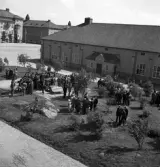 Kamratmötet, I 11. Vy över kaserngården, med plantering och matsalsbyggnad (?). 
Mycket folk har samlats i grupper för att titta närmare på en del eldvapen.