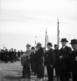 Kamratmötet, I 11. Samling på övningsfältet. Ett antal äldre herrar i kostym och hatt, har ställt upp sig med kompanifanor.