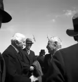 Kamratmötet, I 11. Samling på övningsfältet. Några äldre herrar i kostym m.m. hälsar glatt på varandra.