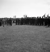 Kamratmötet, I 11. Äldre herrar i kostym och hatt med kompanifanor m.m., står
uppställda på övningsfältet.