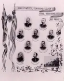 Gruppfoto av ett antal officerare/lärare vid korpralskolan år 1890 på Kronobergs hed.
Fotona är omgivna av fanor, Smålands vapen m.m.