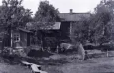Två kvinnor skakar en matta i Stensjö bykärna. Runtom syns ett flertal byggnader och mellan dem finns inslag av ett flertal fruktträd. I bildens nedre del syns en nyslagen äng med en spång. Bakom kvinnorna är en timrad byggnad, framför vilken det står en handdriven slipsten. På väggen hänger ett antal lieorv med monterade blad. Till höger om kvinnorna löper en trädgärdesgård.