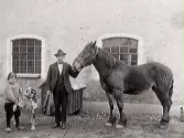 Daniel Karlsson visar fram en häst och gossen Sture Nilsson står intill och håller upp tassen på en hund. Bakom dem ses hundkojan. De är fotograferade framför en ladugårdsvägg på Karl Nilssons gård.