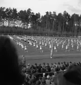 Gymnastikuppvisningen, 25/5 1941. 
Flera gymnastiktrupper har uppvisning på Värendsvallen.
Fotot taget från publikläktaren.