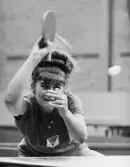 Från finalerna i bordtennis i Brännkyrkahallen den 20 augusti. Maria
Nemeth, från Ungern, var med och tog guldet i både damdubbel och
mixdubbel.