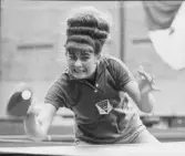 Från finalerna i bordtennis i Brännkyrkahallen den 20 augusti. Maria
Nemeth, från Ungern, var med och tog guldet i både damdubbel och
mixdubbel.