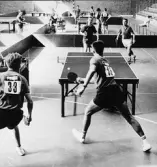 Från finalerna i bordtennis i Brännkyrkahallen den 20 augusti. I
herrdubbelfinalen segrade de tyska paret Klaus Hummel t v och Martin
Ness över det svenska med Bo Karlsson t v och Jörgen Rosberg, i
förgrunden, som tog silvret.