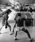 Från finalerna i bordtennis i Brännkyrkahallen den 20 augusti. Segern
i herrdubbelfinalen togs hem av Tyskland, närmast, med Klaus Hummel
och Martin Ness t h. Svenskarna på andra sidan, med Bo Karlsson t v
och Jörgen Rosberg, fick silvret.