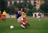 Fotbollslaget Jitex BK spelar match mot Tyresö IF på Kvarnbyvallen i Mölndal den 15 juli 1995. Jitex BK vann matchen med 4-2.