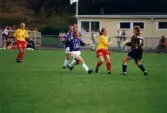 Fotbollslaget Jitex BK spelar match mot Tyresö IF på Kvarnbyvallen i Mölndal den 15 juli 1995. Jitex BK vann matchen med 4-2.